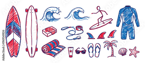 Hand-drawn red and blue surfing and beach-themed doodle icons are arranged neatly on a clean white surface