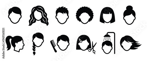 Collection of black and white hair icons depicting various hairstyles, hair care tools, and grooming activities