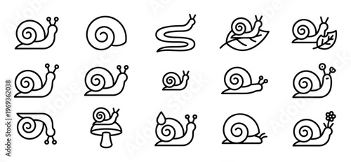 Collection of various black outline snail icons, depicting different poses and interactions, on a clean white surface