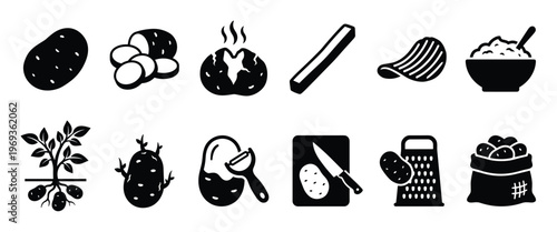 Collection of black and white potato icons illustrating various forms, preparations, and stages of the vegetable