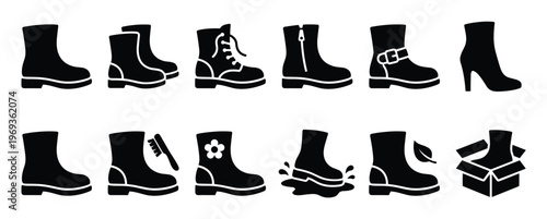 Collection of black silhouette boot icons, showcasing various styles and related actions in a clean, graphic illustration
