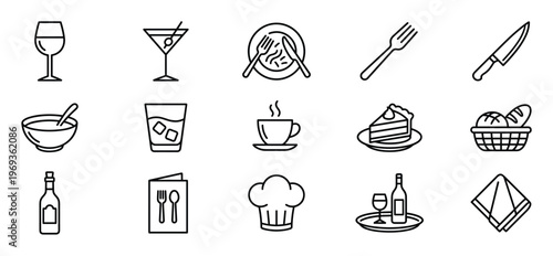 Collection of black outline restaurant and food icons including drinks, dishes, and kitchenware, presented clearly