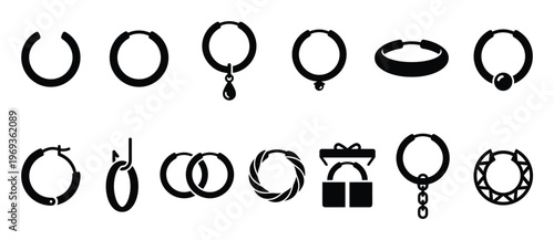 Collection of various black hoop earrings icons, showcasing different styles and designs for jewelry