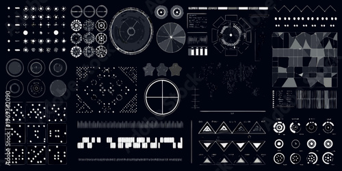 Abstract arrangement of technical diagrams circles and geometric patterns
