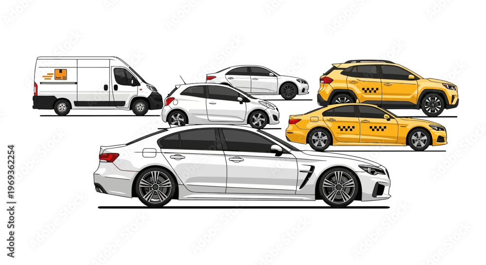 Naklejka premium Variety of vehicles passenger cars van and taxi illustrations