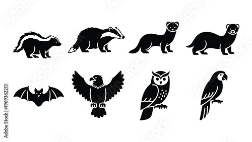 A collection of black silhouettes depicting various animals including badgers ferrets birds and a bat silhouette high quality professional detailed modern