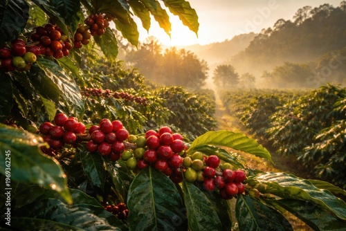 coffee plantation with ripe berries under morning light