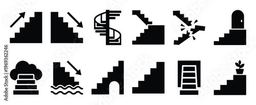 Collection of black silhouette stair icons depicting various concepts like ascent, descent, obstacles, and progress
