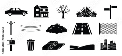 Collection of black silhouette icons representing various urban and suburban elements, including a car, house, tree, and cityscape