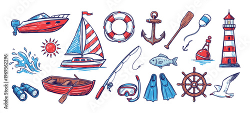 Vibrant collection of hand-drawn nautical elements, including boats, a lighthouse, anchor, and fishing gear, rendered in a playful sketch style