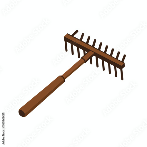 A simple isometric illustration of a wooden rake with a long handle and metal tines