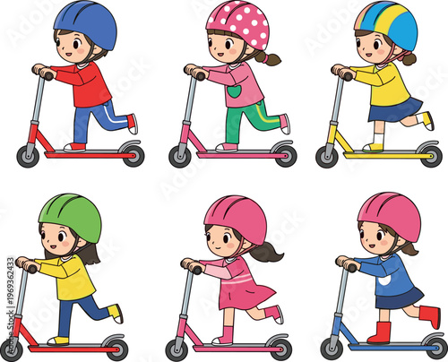 Happy children riding kick scooters wearing safety helmets, cute cartoon kids transportation illustrations isolated on white background for outdoor play, activity and lifestyle design