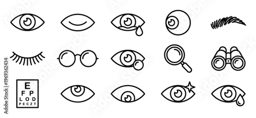 Collection of black outline eye care and vision icons, including open and closed eyes, tears, glasses, magnifying glass, binoculars, and an eye chart, presented in a clean, modern style