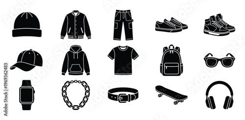 Collection of black silhouette icons depicting various casual clothing items, accessories, and personal objects, presented in a clean, graphic style