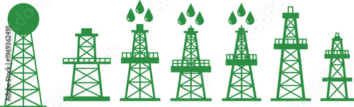 Green oil derrick icon illustration showing multiple rig designs with droplets symbolizing extraction, representing industrial energy production, drilling operations, and petroleum industry concept