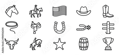 Collection of fifteen black outline cowboy and western themed icons, including a horse, rider, flag, hat, boot, lasso, saddle, horseshoe, spur, fence, bull, sheriff star, barrel, and trophy