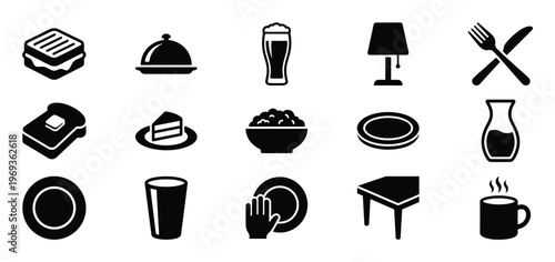 Collection of fifteen black silhouette icons representing various food, drink, and dining related objects in a clean, modern style