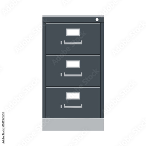 A dark grey, three-drawer metal filing cabinet with silver handles and label holders