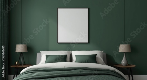 Interior bedroom scene with dark green decor showcasing a mockup frame on the wall