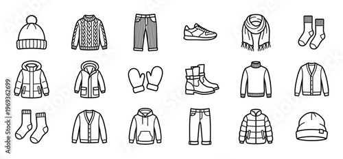 Collection of various outline drawings of winter clothing items and accessories, including hats, sweaters, and coats
