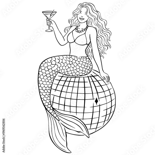 Mermaid Sitting on Disco Ball with Martini Glass – Minimalist Line Art Illustration
