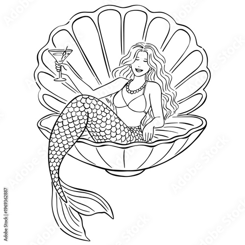 Mermaid in Seashell with Martini Glass Minimalist Line Art Illustration