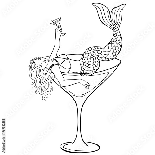 Mermaid in Martini Glass Line Art – Minimalist Bachelorette Party Illustration