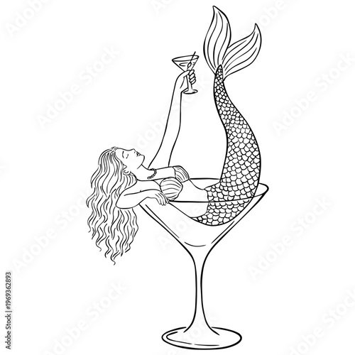 Mermaid in Martini Glass Line Art Illustration – Minimalist Bachelorette Party Clipart
