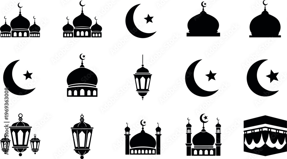 Fototapeta premium Islamic symbols silhouette set featuring mosque domes, crescent moon star, Ramadan lantern and Kaaba icon collection, minimalist vector illustration for religious celebration design concept