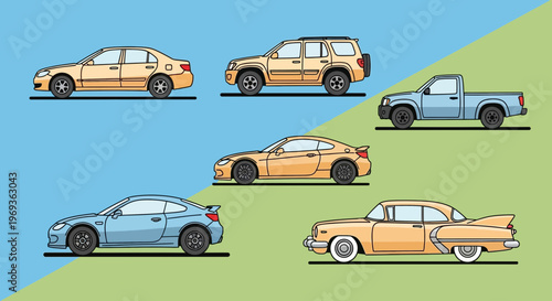 Variety of vehicles sedan suv pickup truck coupe and classic car selection