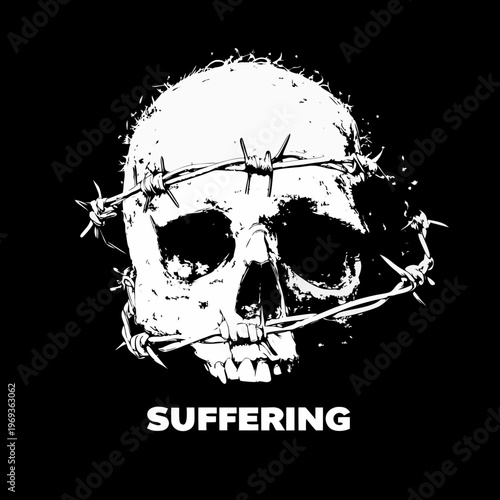 A stark white skull entwined with barbed wire conveying intense suffering