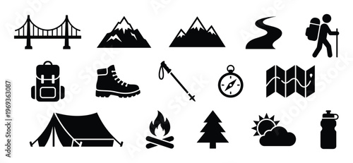 Collection of black silhouette icons representing various outdoor adventure and hiking elements on a white surface