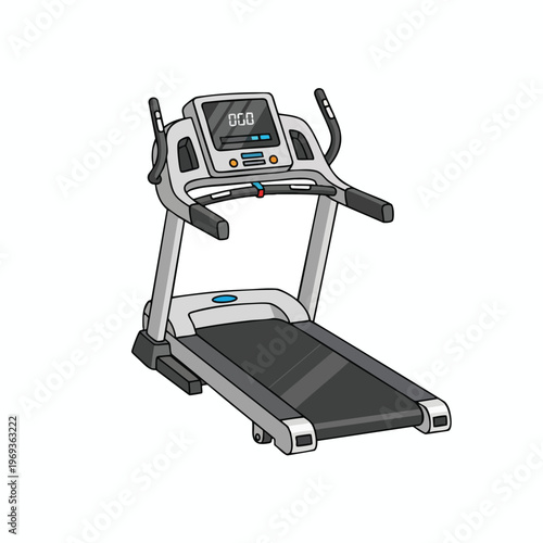 A modern, silver and black treadmill with a digital display and handrails