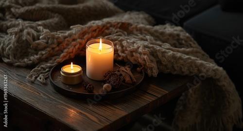 Cozy candlelight arrangement on aged wood table accented by plush wool blanket for comfort
