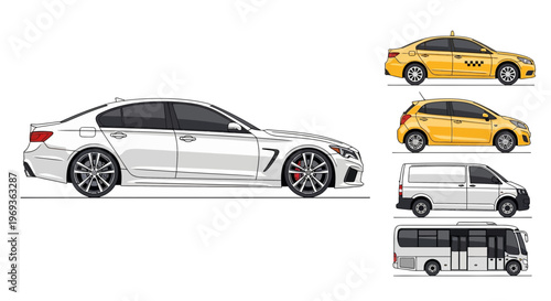 Variety of vehicles sedan taxi hatchback van and bus on white background