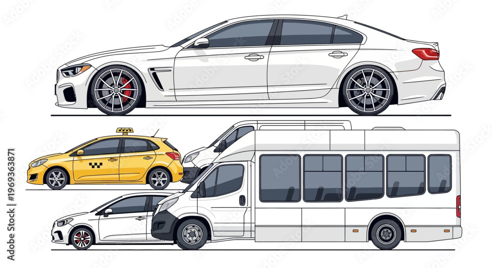 Naklejka premium Variety of white cars and yellow taxi side view illustrations