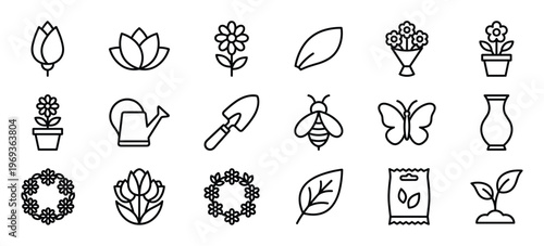 Collection of twenty black outline gardening and nature icons, including flowers, plants, tools, and insects, arranged neatly