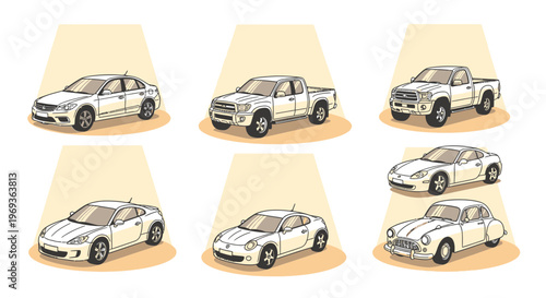 Variety of white cars illustrated under spotlights for automotive design concepts