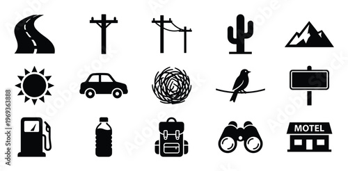 Collection of black silhouette icons representing various travel and nature elements, presented in a clean, graphic style
