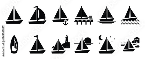 Collection of black silhouette sailboat icons, depicting various sailing vessels and nautical elements in a simple graphic style