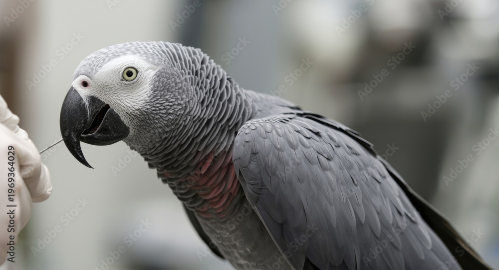 Fototapeta premium Wing infection detection in African gray parrot at avian clinic