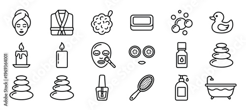 Collection of black outline spa and beauty icons, including a woman in a towel, bathrobe, candles, and bath items