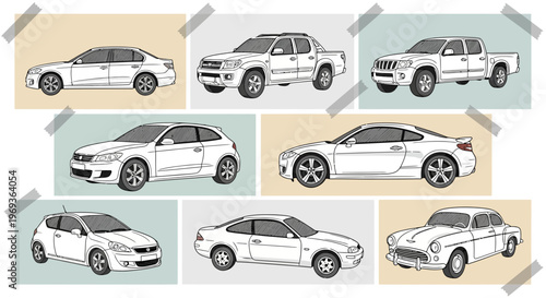 Variety of white vehicles displayed on pastel backgrounds for transportation