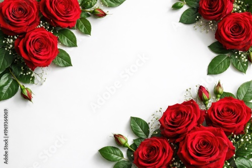 Elegant arrangement of red roses and green leaves on white background with copy space for text