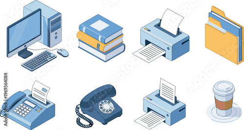 Office equipment isometric icon set including computer, printer, books, folders and telephone, modern workplace vector illustrations isolated on white background for business design