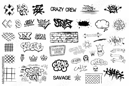 Collection of black and white hand drawn graffiti elements and urban sketches