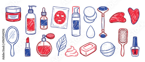 Collection of hand-drawn red and blue beauty and skincare products, including creams, lotions, and makeup tools, in a vibrant doodle style