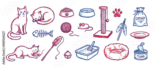 Collection of hand-drawn cat and pet care items, including food, toys, and accessories, in a vibrant sketch style