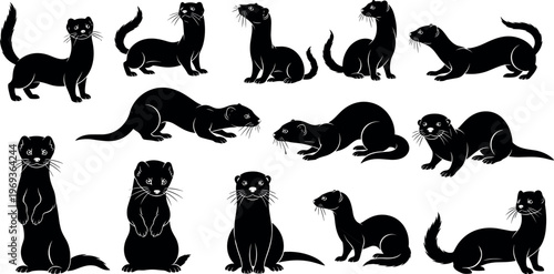 Otter animal silhouettes collection featuring playful poses and different positions, black wildlife mammal vector set isolated on light background for nature, zoology and design projects