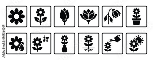 Collection of twelve black and white flower icons depicting various stages of growth and care